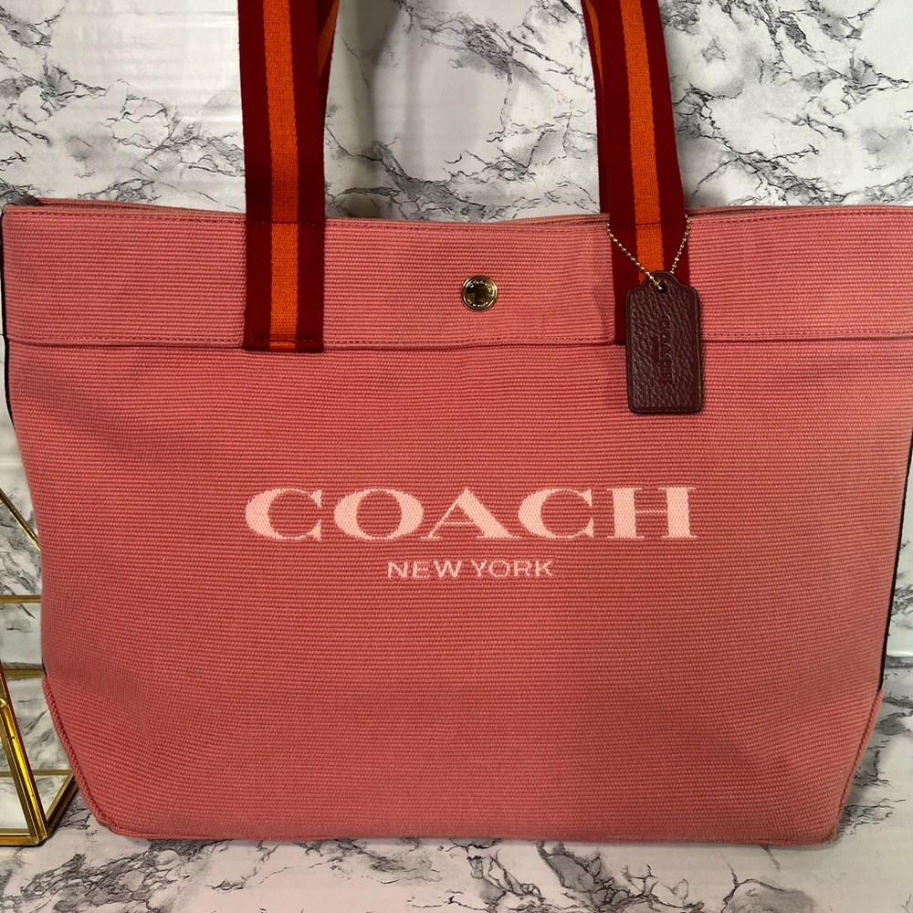Coach Pink Canvas Tote with Red-Orange Stripe Handles